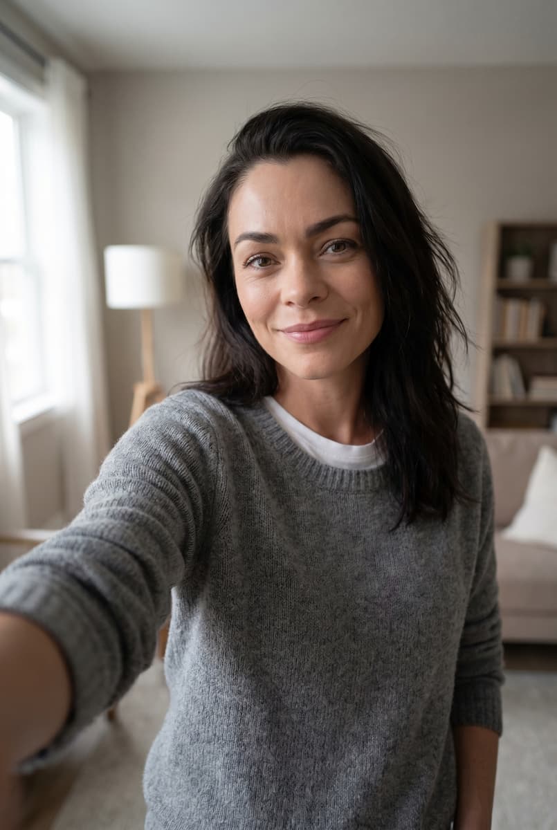 Casual phone selfie used as a source reference